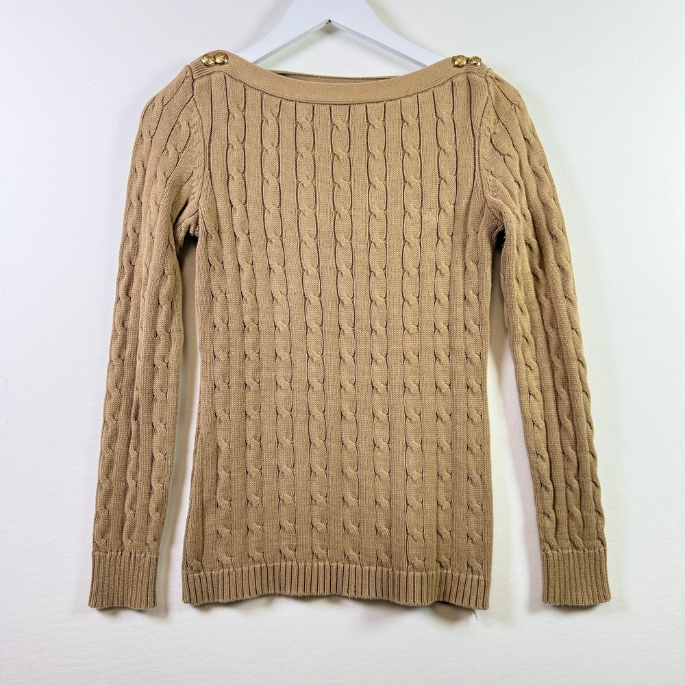 LAUREN Ralph Lauren Tan Cable Knit Button Shoulder Boat Neck Sweater Size S - Picture 1 of 5